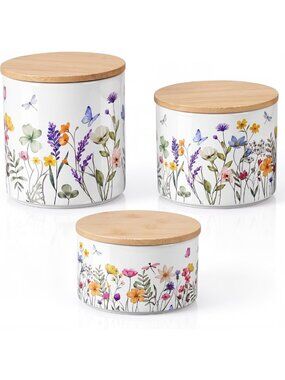Floral Ceramic Canisters Set - 3 Pack with Airtight Wood Lids for Kitchen